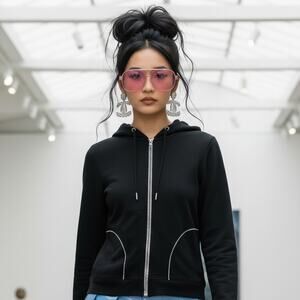 Lauren Ralph Lauren Full Zip Hoodie Gingham Trim Y2K Old Money Black SZ L